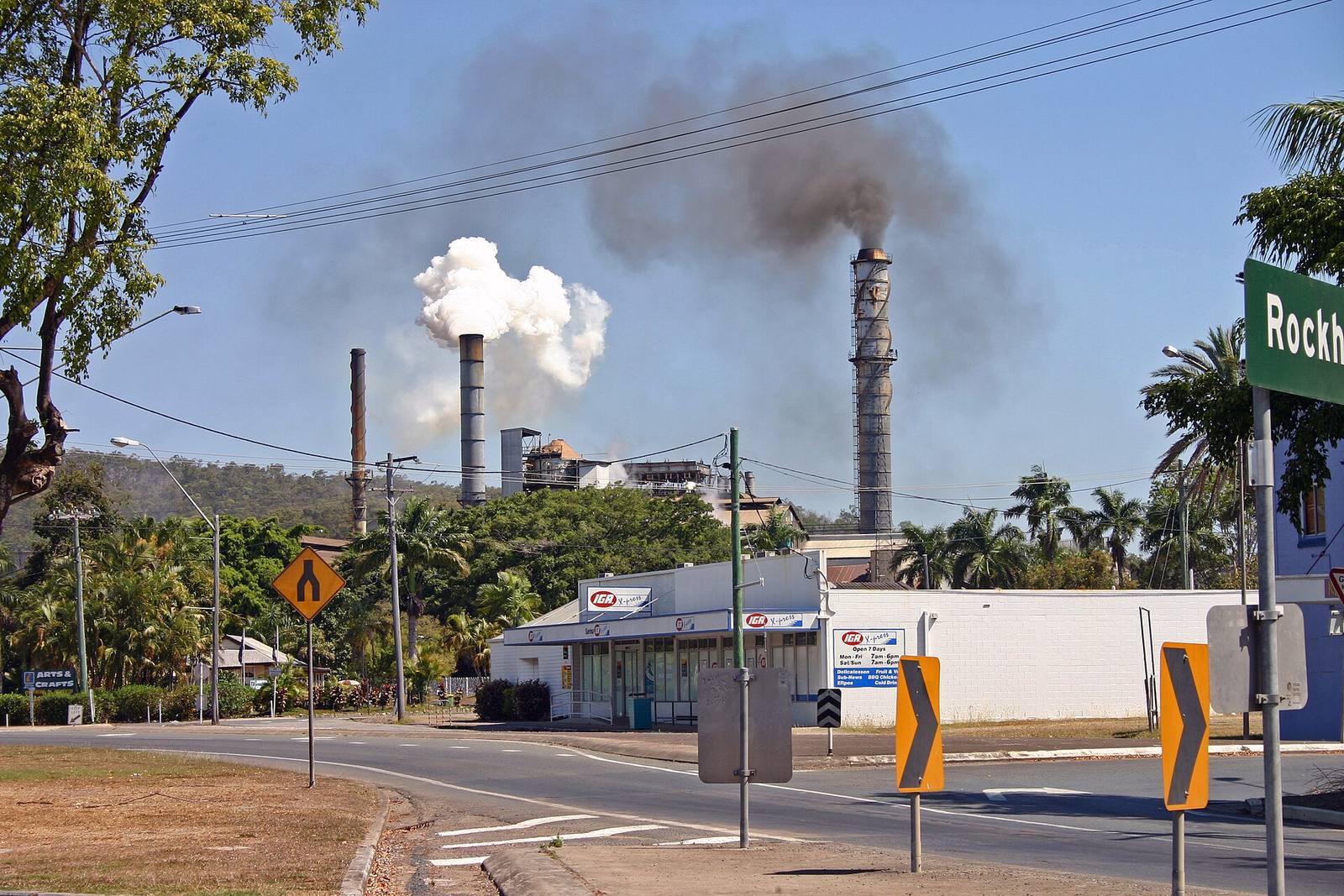 Sarina on a clear hot day, palm trees and the Plane Creek sugar mill chimneys behind